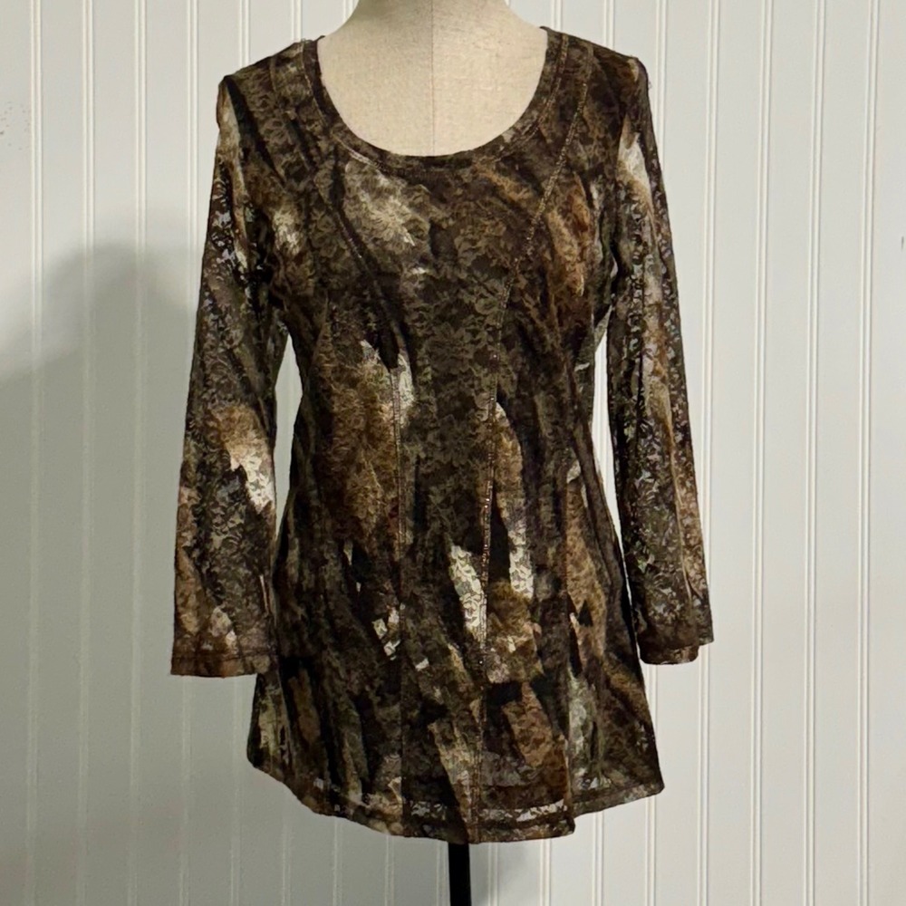 Amanda Matthews Women Shirt Mesh Spandex L Digital Grunge Indie Vanguard Brown